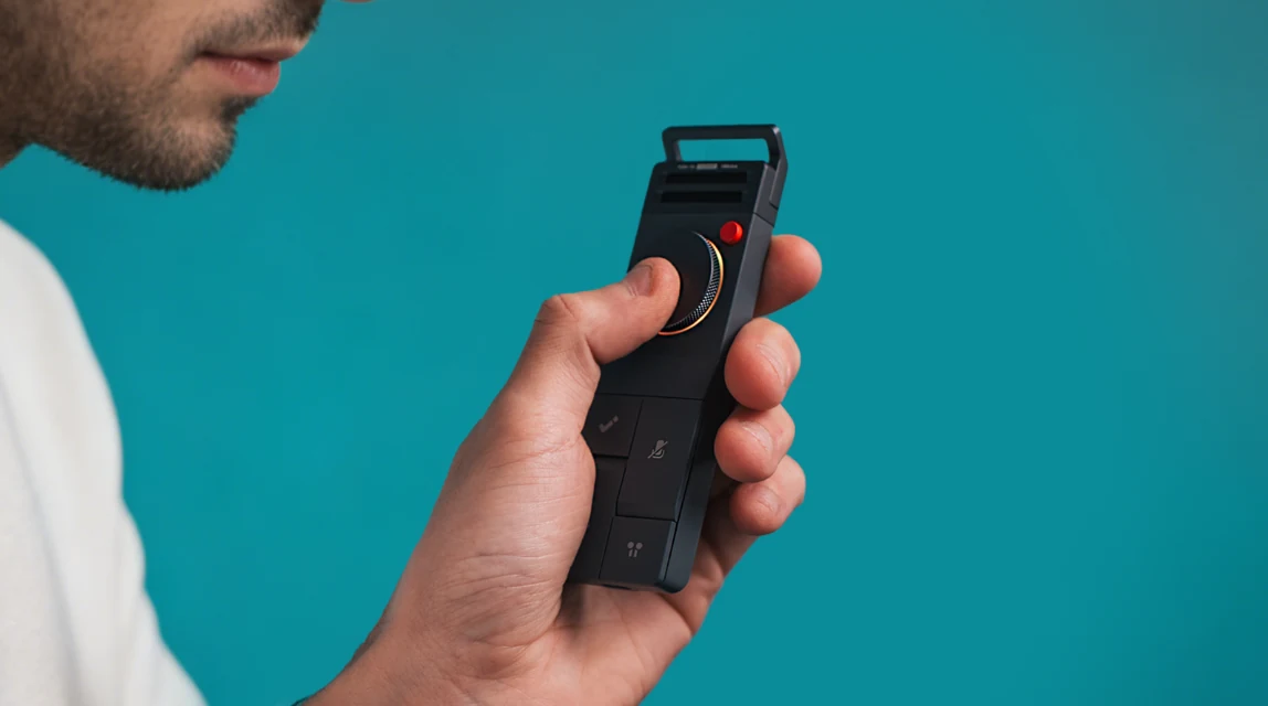 A person holding a HiDock P1 close while pressing its wheel